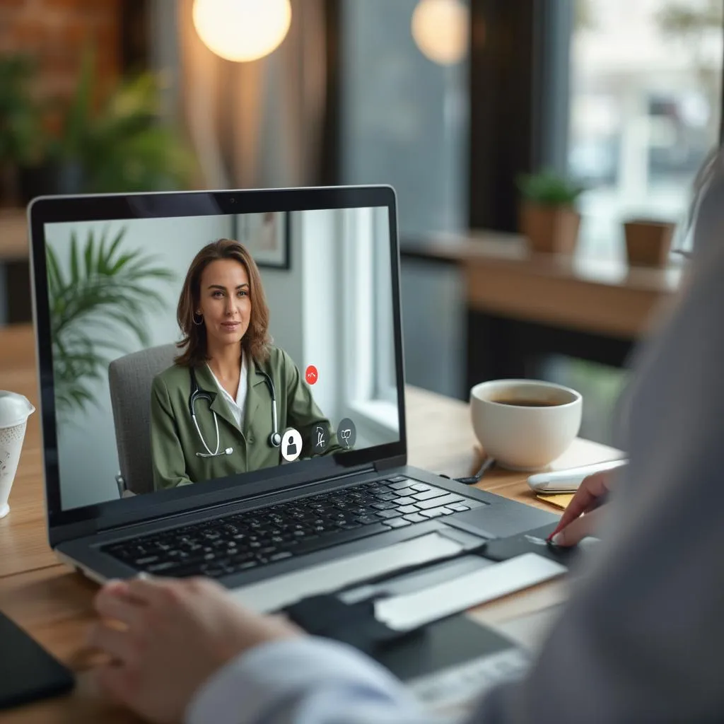 Person having an online video consultation on a laptop